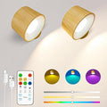 Battery Operated Wall Lights 2 Pack Wood Grain, LED Rechargeable Wall Lights Indoor, 3500mAh Magnetic Wall Lamp with Remote, 3 Color Temperatures & 13 RGB & Dimmable 360° Free Rotation Sconces[Energy Class A]