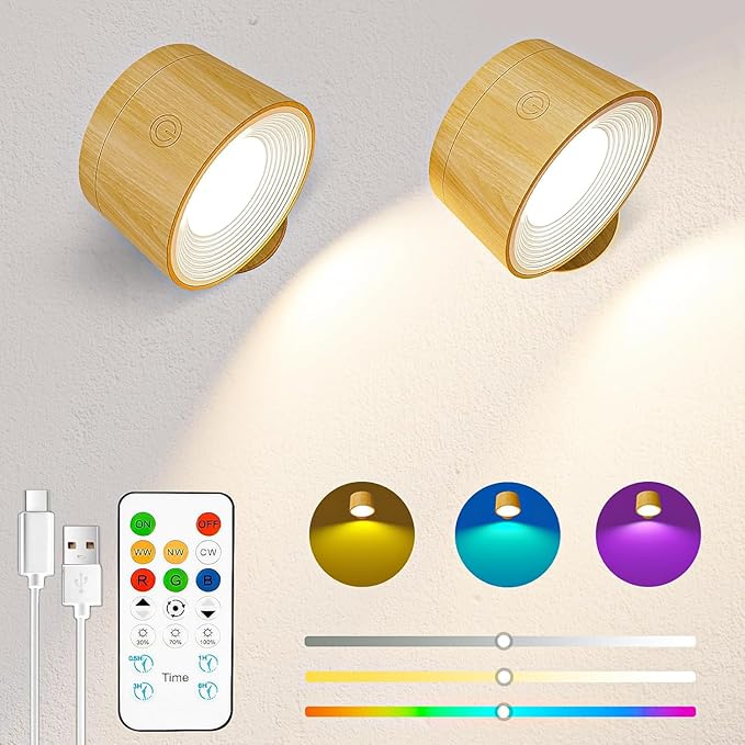 Battery Operated Wall Lights 2 Pack Wood Grain, LED Rechargeable Wall Lights Indoor, 3500mAh Magnetic Wall Lamp with Remote, 3 Color Temperatures & 13 RGB & Dimmable 360° Free Rotation Sconces[Energy Class A]