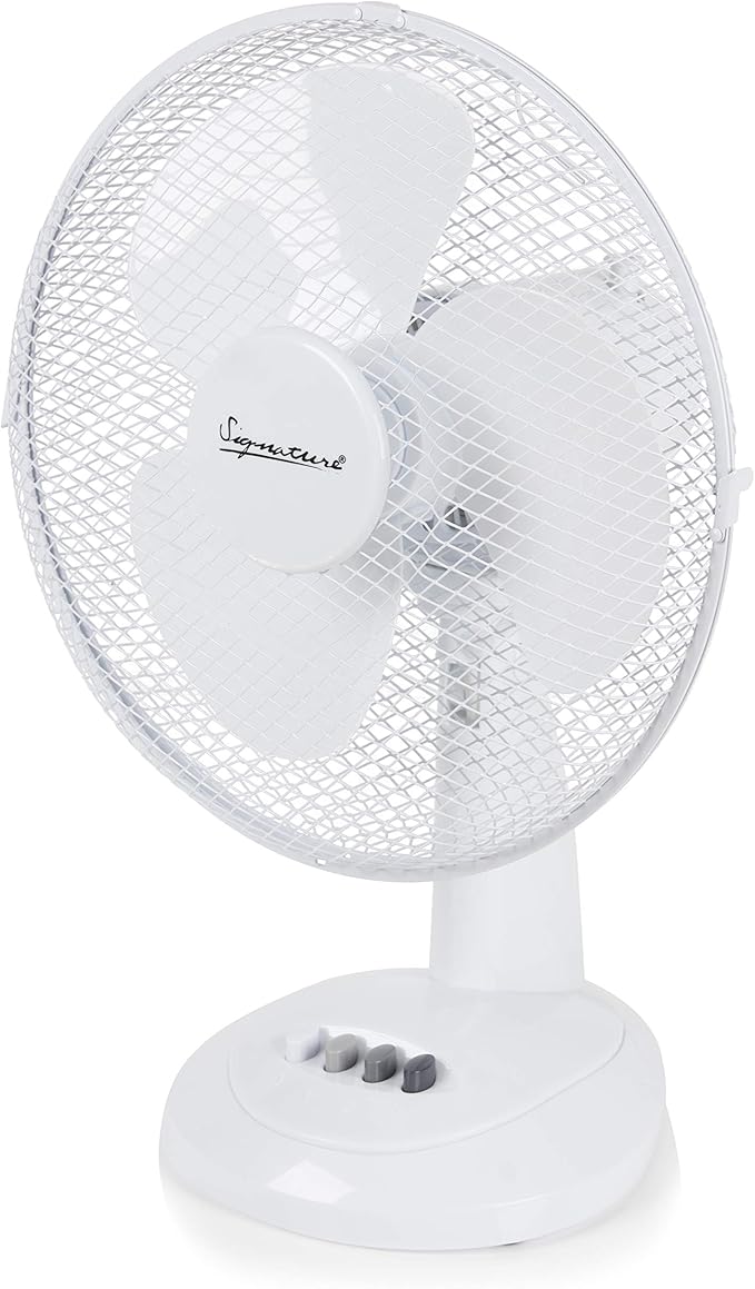 Signature S40009 12” 3 Speed Desk Fan with Oscillation, Adjustable Tilt, White