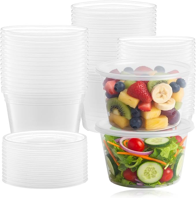 [50 Pack 450ml - 16oz Round Stackable Plastic Food Container Set With Lids - Reusable, Leakproof, Dishwasher & Microwave Safe, BPA Free Meal Prep Containers