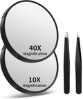 10X&40X Magnifying Mirrors with Suction Cups and 2 Tweezers Set, 3.5 inches Magnified Makeup Mirror, Black, 2PCS