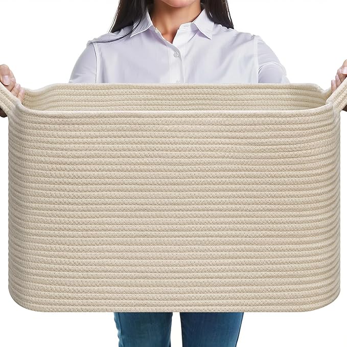 Large Storage Basket, Blanket Basket for Clothes Bedding, Woven Storage Baskets, Toy Storage for Kids, Rope Basket for Living Room, Nursery, Bedroom 55x38x30 cm (Beige, 1 Pack)