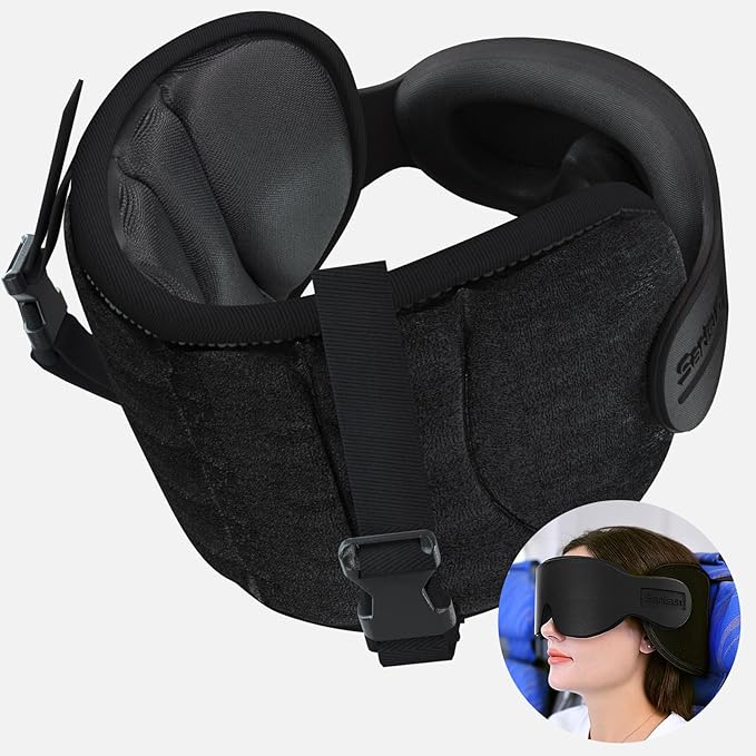 Travel Pillow for Airplane, Plane Pillow with 3D Eye Mask for Sleeping, 360°Support Airplane Head Strap for Long Flight, Stop Bobblehead, Travel Essential, Black