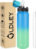 OLDLEY Stainless Steel Water Bottle with Straw 1L Vaccum Insulated Large Drink Flask Metal Water Bottles 1 Litre Leakproof Keep Drinks Hot Cold for Bike Sports Gym Adult Women Men(Blue Green, 1 Lid)