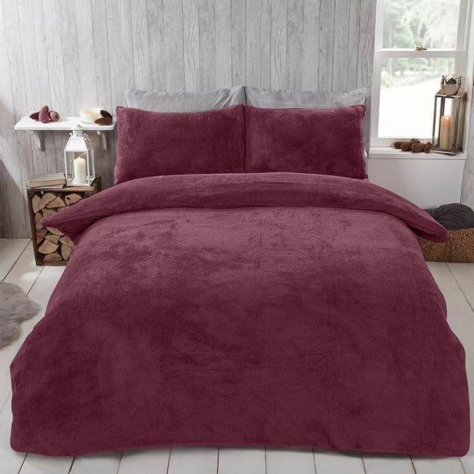 Brentfords Red Duvet Cover Single, Teddy Fleece Quilt Cover Thermal Bedding Set Winter Duvet Single Super Soft Comfy Bed Set Covers with Pillowcase, Burgundy