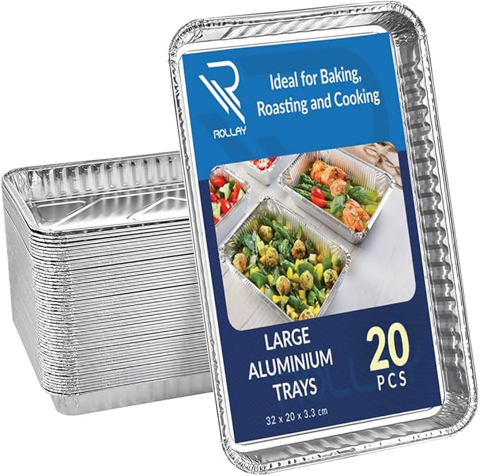 20 Pack Large Aluminium Foil Trays (32x20x3.3 cm) - Tin Foil Trays Containers for Cooking, Baking, Broiling, Roasting, BBQ, and Party