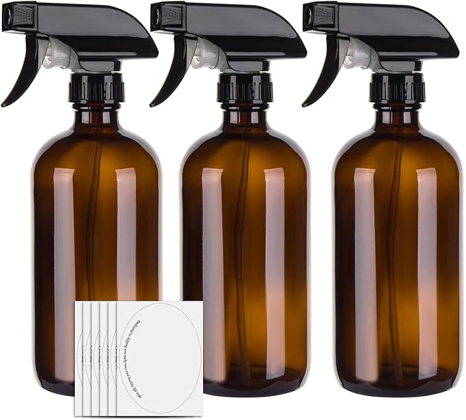 500ml Amber Empty Glass Spray Bottles for Cleaning, Mist Water Spray Bottle for Hair, Gardening and Essential Oils, Adjustable Trigger Sprayer with Spray Stream Settings, Set of 3