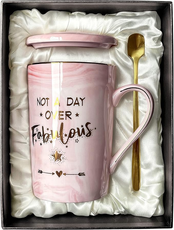 Gifts for Women Birthday Not A Day Over Fabulous Mug Birthday Gifts for Her, Woman, Best Friends, Wife, Mum, Daughter, Sister, 14oz Marble Ceramic Coffee Cug with Spoon Lid Card Gift Box