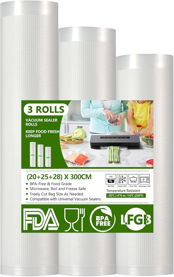 Diboniur Food Vacuum Sealer Bags, 3 Rolls 28/25/20 x 300cm Sous Vide Bags, Embossed, Reusable, Heavy Duty, Vacuum Sealer Rolls for Meal Prep and Sous Vide Cooking
