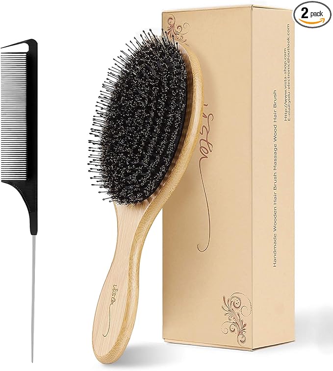 Boar Bristle Hair Brush Natural Bamboo Paddle Hairbrush with Tail Comb for Long Thick Curly Wavy Dry or Damaged Hair Round Hair Brush Adds Shine and Makes Hair Smooth Comb Set for Men, Women, Kids