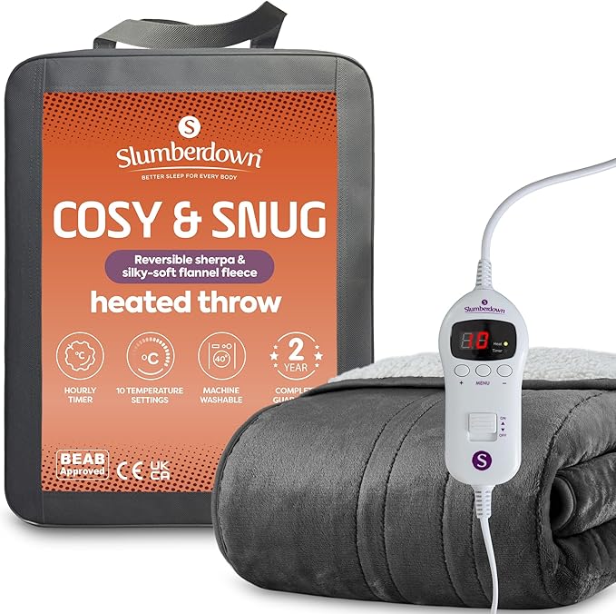 Slumberdown Luxury Heated Throw Blanket (130x160cm) - Reversible Sherpa & Fleece Electric Blanket with 10-Heat Settings & Timer | Energy Efficient (3p/hr), 2-Year Guarantee, Washable, Grey