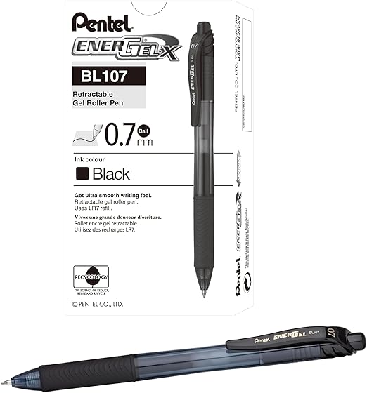 Pentel EnerGel-X Retractable Pen, 0.7 mm Tip - Black, Pack of 12, BL107-A