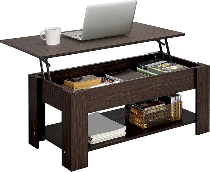Yaheetech Lift Up Coffee Table, Wooden Lifting Coffee Table with Hidden Storage Drawer and Open Shelf, Space-saving Tea Tables for Living Room/Reception, Espresso