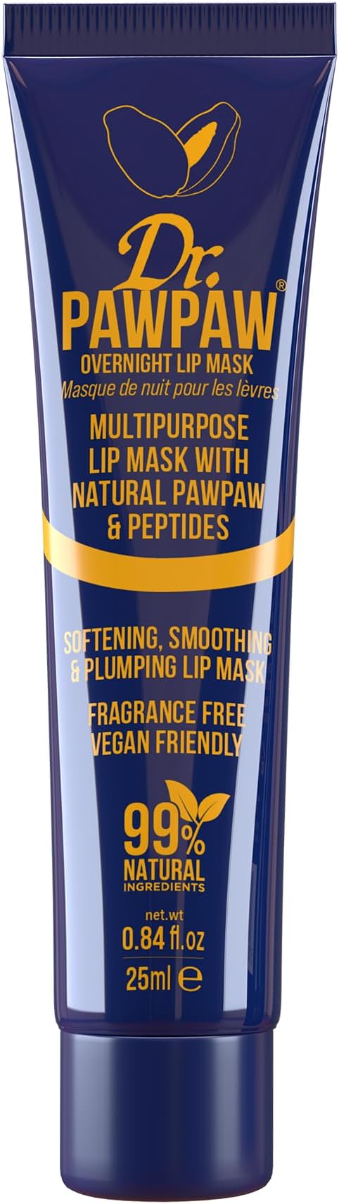 Dr.PAWPAW Overnight Lip Mask 25ml, Natural Hydrating Lip Treatment with Pawpaw Aloe Vera Olive Oil and Peptides, Vegan Balm to Smooth and Plump Lips Overnight