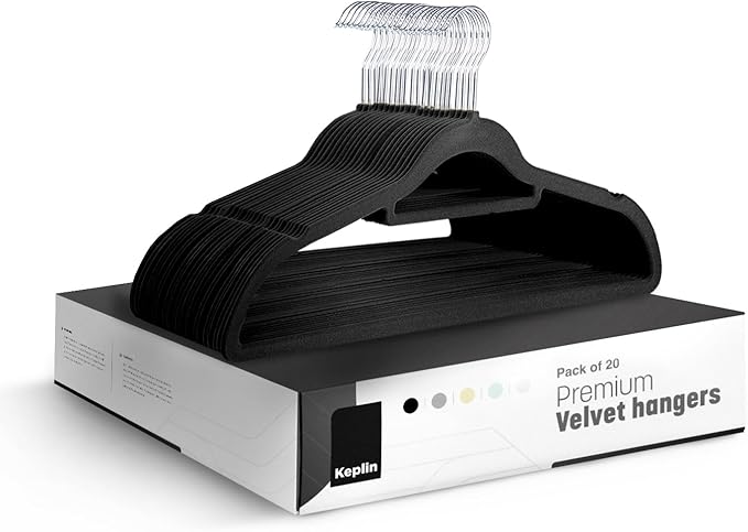 KEPLIN Velvet Hangers 20 Pack - Non-Slip Clothes Hangers with Tie Bar & 360° Hook - Durable & Sturdy, Space-Saving Wardrobe Organisers for Suits, Jackets & Clothes- Home Storage Solution (Black)