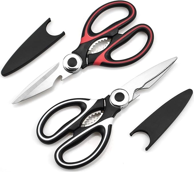 2 Pcs Kitchen Scissors, Heavy Duty Utility Food Scissor, Stainless Steel Kitchen Shears with Cover, Sharp Cooking Scissors for Meat Chicken Fish Nut Vegetable Herb, Bottle Opener (White & Red)