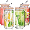 480ml Can Shaped Glass Cups Set, Drinking Glasses with Bamboo Lids and Glass Straw, Beer Glasses, Iced Coffee Glasses, Clear Cute Tumbler Cup, Ideal for Cocktail, Coke, Soda(4pcs)