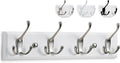 LARHN Wall-Mounted Coat Rack - 4 Matt-Nickel Triple Coat Hooks for Wall on White Wooden Bamboo Base - 42 cm - All Fixings Included