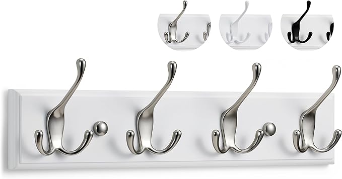LARHN Wall-Mounted Coat Rack - 4 Matt-Nickel Triple Coat Hooks for Wall on White Wooden Bamboo Base - 42 cm - All Fixings Included
