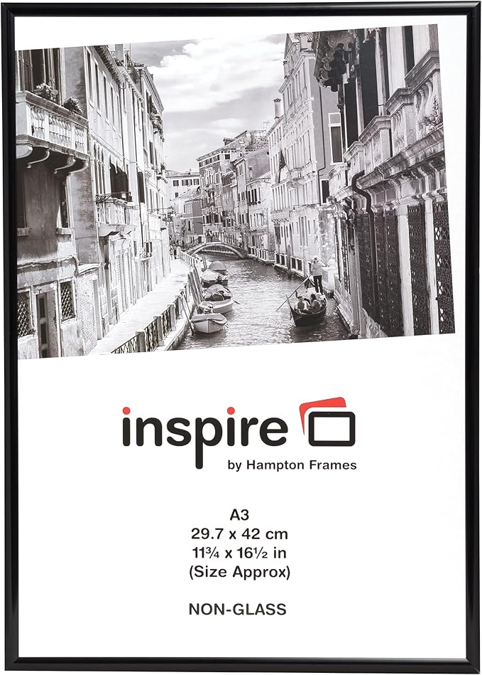 Hampton Frames | Poster Frame A3, Black, 42x30cm, Rectangular, Acrylic Front, Lightweight Plastic | Wall Mount, Landscape or Portrait, For Photos, Certificates, Posters
