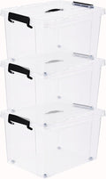 3 x Clear Plastic Storage Container Large Boxes With Lids, Closing Clips and Wheels 43L Integrated Handles Stackable BPA Free Box For Bedroom Office Living Room Kitchen