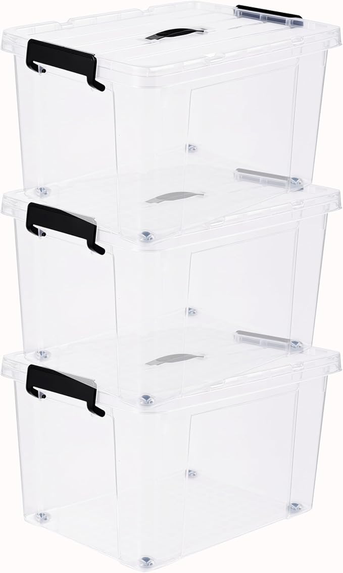3 x Clear Plastic Storage Container Large Boxes With Lids, Closing Clips and Wheels 43L Integrated Handles Stackable BPA Free Box For Bedroom Office Living Room Kitchen