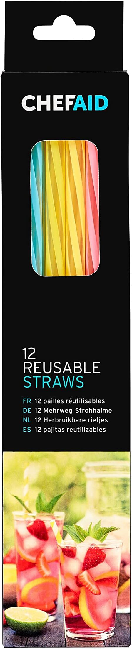 Chef Aid 12 Reusable Thick Plastic Drinking Straws, Suitable for Hot and Cold Drinks, Made from BPA Free Stong and Durable Plastic, Each Pack Contain 4 Blue, 4 Pink and 4 Yellow Straws