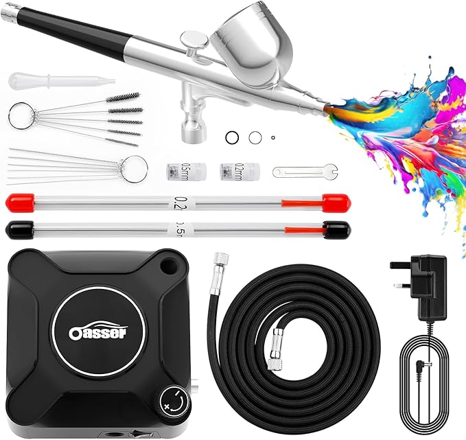 Oasser Airbrush Compressor Kit 36 PSI, Dual Action Air Brush Suit 0.2 0.3 0.5 mm Nozzle for Model, Tattoo, Makeup, Cake,Nail Art,Miniatures,Include Brushes Set (36 PSI)
