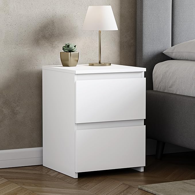 Vida Designs Denver 2 Drawer Large Bedside Cabinet Bedroom Storage Chest, Modern Nightstand End Table H48 x W39.5 x D 39.5 cm (White)