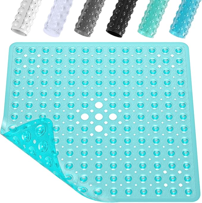 XIYUNTE Shower Mat Non Slip Anti Mould - 53 x 53cm Square Bath Mat Non Slip Shower Mats for Inside Shower, Anti Slip Shower Mat with Strong Suction Cups & Drain Holes, Machine Washable, Clear Green