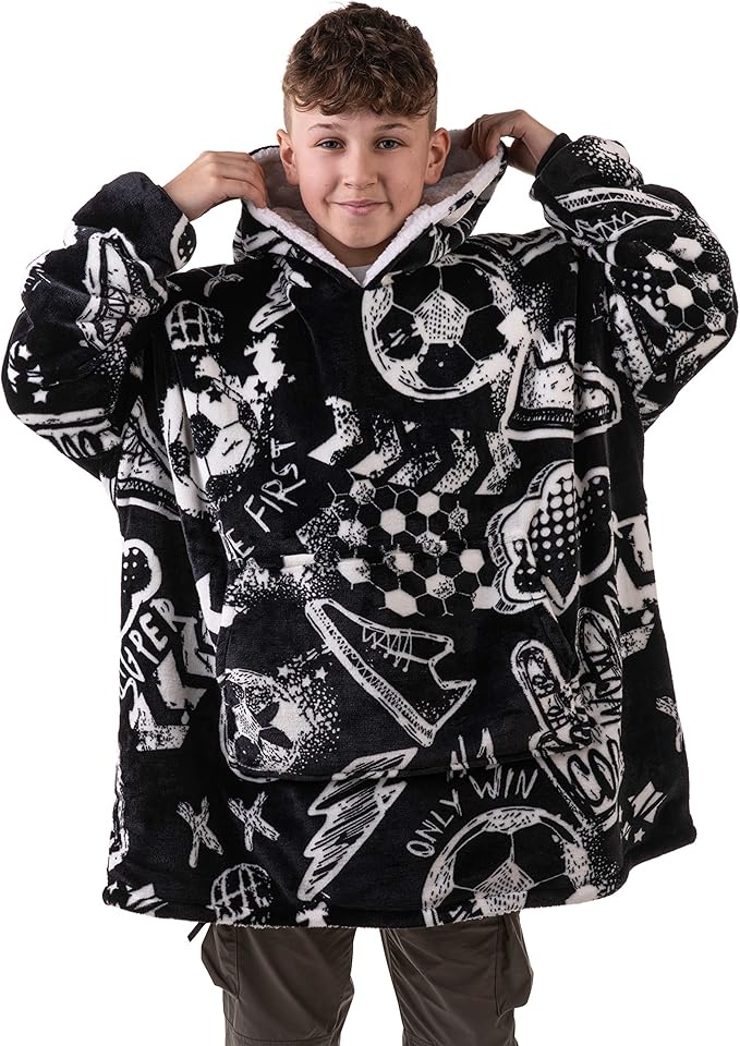 The Big Softy Football Blanket Hoodie Men & Kids, Boys Hooded Blanket Teen, Black Kids Oversized Hoodie, Football Gift for Boys, Girls, Men