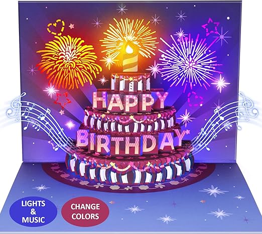 Birthday Cards, LIGHTS & SOUND Pop up Happy Birthday Card Birthday Gifts for Women Men Husband Wife Kids Greeting Cards With Envelopes