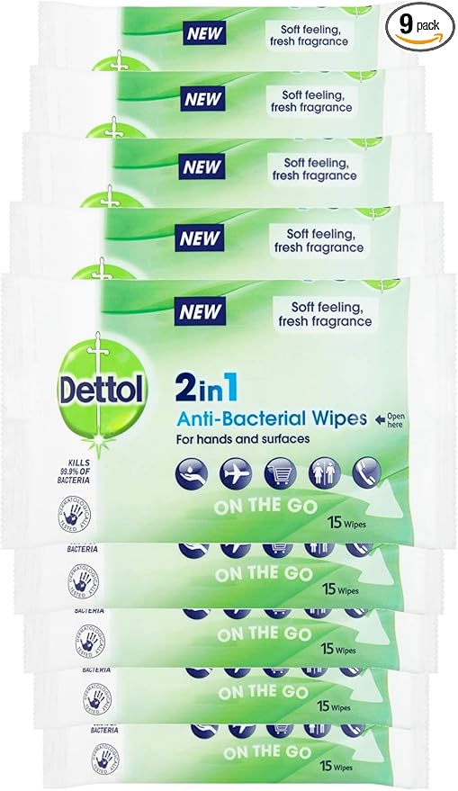 Dettol Antibacterial Hand Wipes, Fresh Scented, 135 Wipes (15 x 9pck) Antiseptic, Disinfectant, Travel Hygiene, First Aid Essential, Biodegradable