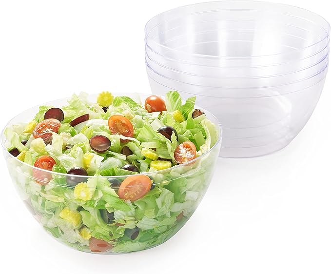 MATANA 5 Large Clear Hard Plastic Serving Bowls, XL 3500ml - Reusable Salad Bowls for Snacks & Crisps - Parties, Picnic, Birthdays, BBQ & More