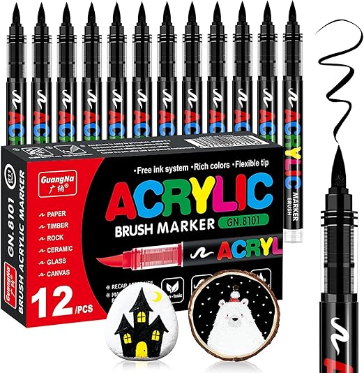 12 Black acrylic paint pen, Waterproof Paint Markers for Rock, Wood, Pebbles, Glass, Ceramic, Stones, Fabric, Canvas, Craft - Brush Pens, black Permanent Marker Pen Set