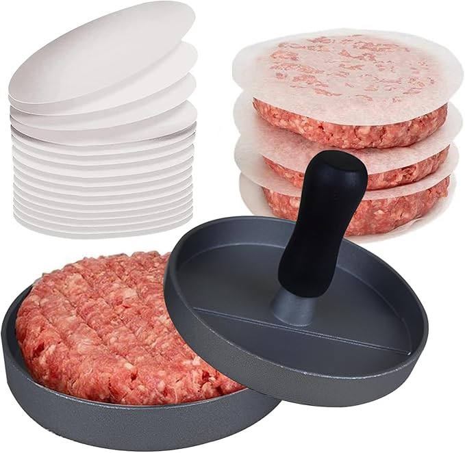 Burger Press with 100 Wax Paper Non-Stick Meat Patty Hamburger Press Burger Maker for BBQ, Baking, Stuffed Burgers, Beef Burger