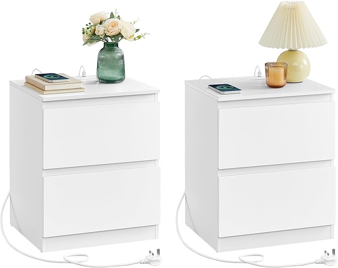 VASAGLE KAILYN Collection - Nightstands with Charging Station, Set of 2 Bedside Tables with Drawers, Side End Tables, 2 AC Outlets, 2 USB Ports, for Living Room, Bedroom, Study, Cloud White LET821W01