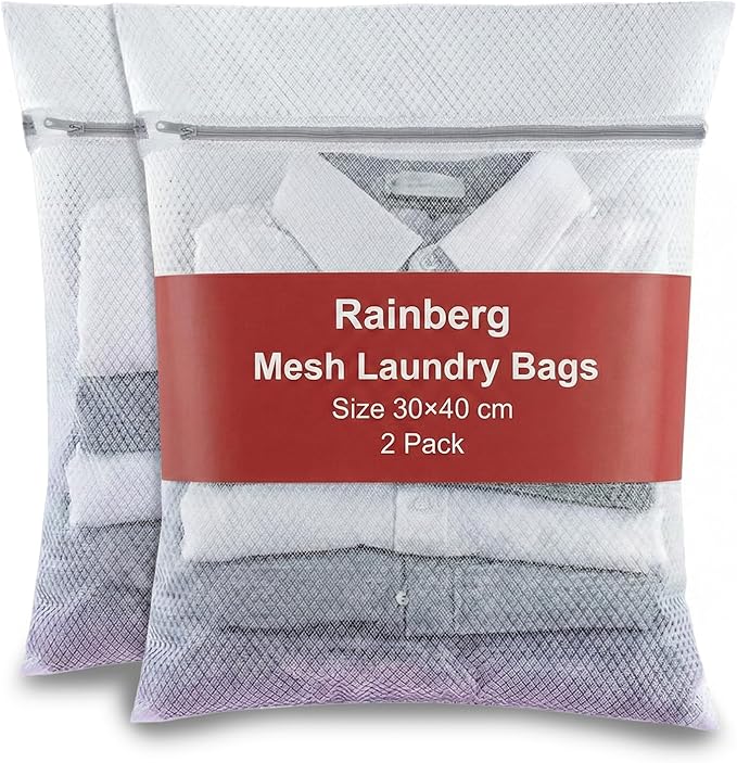 Rainberg Mesh Laundry Bags for Washing Machine, 30x40cm Durable with Zip Reusable Clothes Washing Bag for Travel and Storage, White (2 Pack - 30x40cm)