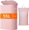 Lifewit 55L Slim Laundry Basket with Lid, Narrow Laundry Hamper with Plastic Handles and Removable Bag, Thin Dirty Clothes Hampers for Laundry for Laundry Room, Bedroom, Bathroom, Dorm, Pink