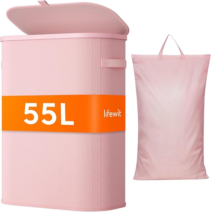 Lifewit 55L Slim Laundry Basket with Lid, Narrow Laundry Hamper with Plastic Handles and Removable Bag, Thin Dirty Clothes Hampers for Laundry for Laundry Room, Bedroom, Bathroom, Dorm, Pink