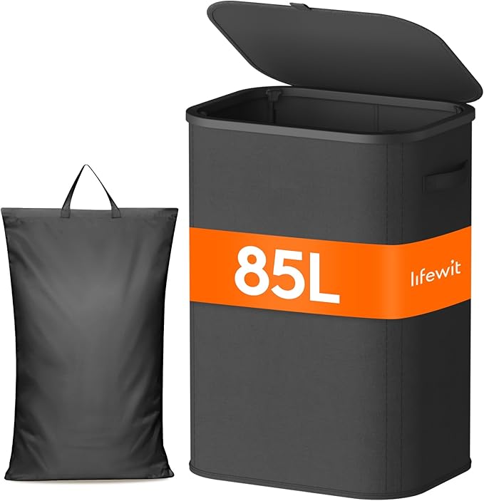 Lifewit 85L Laundry Basket with Lid, Large Laundry Hamper with Plastic Handles and Removable Bag, Foldable Tall Dirty Clothes Hampers for Laundry for Laundry Room, Bedroom, Bathroom, Dorm, Black