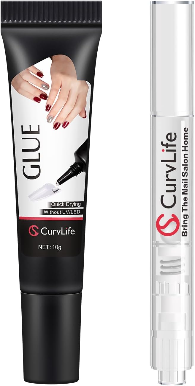 Curvlife 10g Semi Solid Nail Glue Gel with 5ml Nail Glue Remover Pen, No Need for Uv Light, Valentine's Day Gifts Gel Glue for Press On Nails, Click&Remove Pen