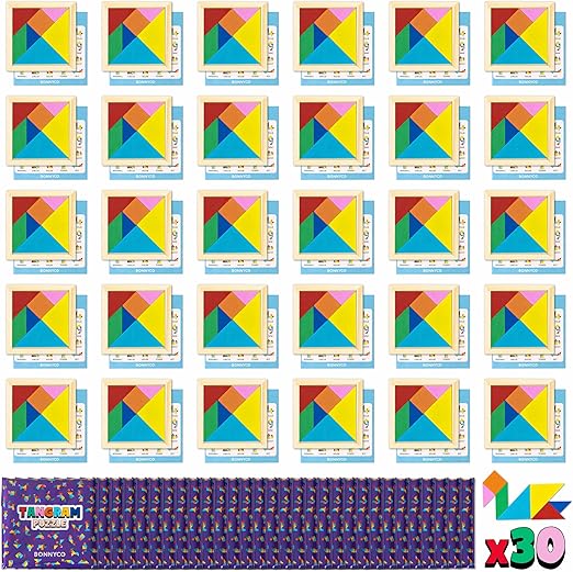 BONNYCO Tangram Puzzles for Kids 30 Pack, Party Bag Fillers for Kids Unisex. Party Favours Toys, Gifts Students from Teachers. Pinata Fillers, Return Gifts Birthday. Mini Puzzles, Classroom Prizes