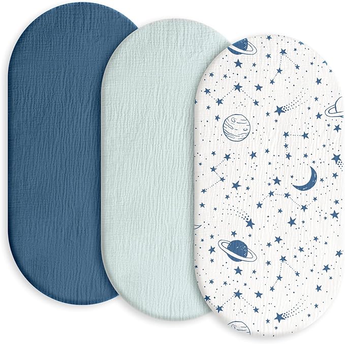 Baby Mattress Cover, Fitted Sheet, Pack of 3, 100% Muslin Cotton,Oeko-Tex 100,Muslin Bassinet Sheets,Bassinet Cover,Pram Mattress Cover,83 x 43 x 10 cm,Fitted Sheet for Prams, Bassinets(Planet)