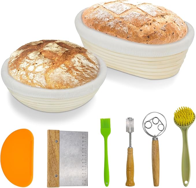 Bread Proofing Basket Set,Round & Oval Sourdough Proving Basket,100% Natural Rattan, Sourdough Bread Making Kit with Cloth Liner, Bread Lame, Dough Whisk, Scrapers & Brush.Sourdough Starter Kit,