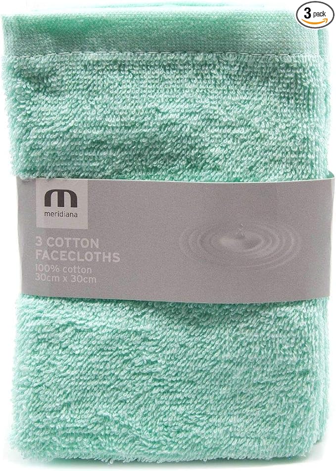 MERIDIANA Super Soft 100% Cotton Family Washcloths. Machine Washable. Pastel Green. 3 Pack. 30cm X 30cm.1 Units