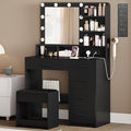 Hzuaneri Dressing Table with 3-Colour LED Adjustable Brightness, Vanity Table with Plug and Large Mirror, Stool and Hairdryer Holder, 6 Open Storage Areas, 90 cm desktop, Black DT39006X