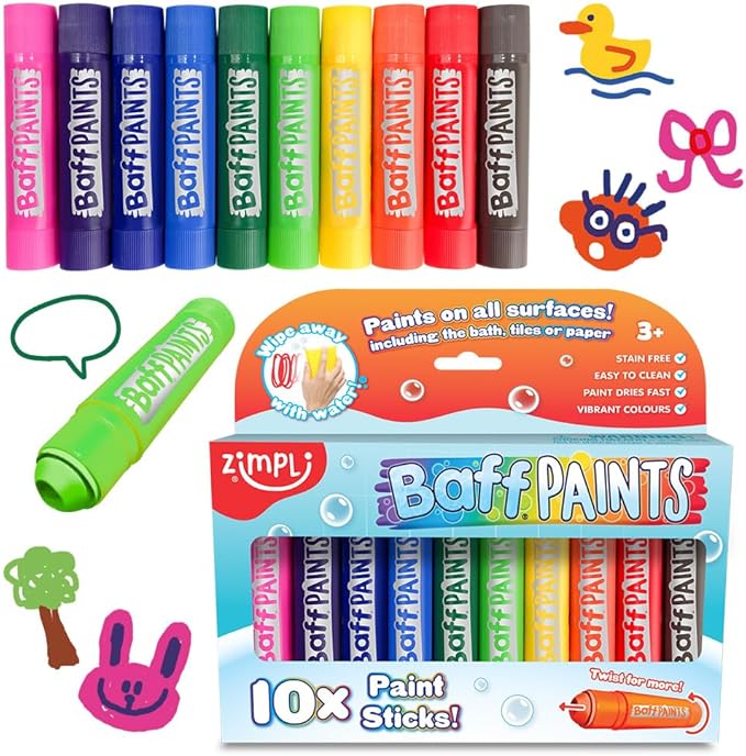 ZIMPLI - - 10 x Large Baff Paint Sticks, Bath Crayons, Paint Pens for Kids, Twist & Paint, Vibrant Colours, Mess-Free, Easy Clean, Fast Dry Action, Non-Toxic