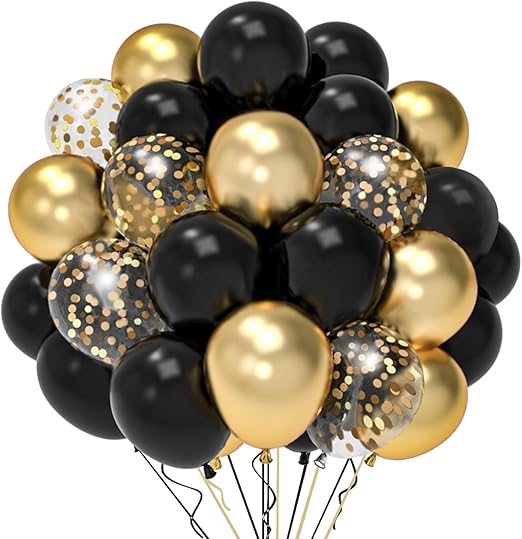 QIFU Gold and Black Balloons Set - 52pcs Black Gold Latex Balloon with Confetti Birthday Party Balloons, Metallic Golden Black Helium Balloon for New Year Eve Anniversary Engagement Graduation Prom