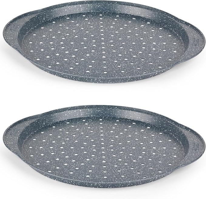 Russell Hobbs Nightfall Stone Set of 2 Large Pizza Trays - 14.5" Pizza Pans, Non-Stick Round Baking Trays, Carbon Steel, PFOA Free, Perforated Base for Crispy Cooking, Ideal for Pizza's, Garlic Bread